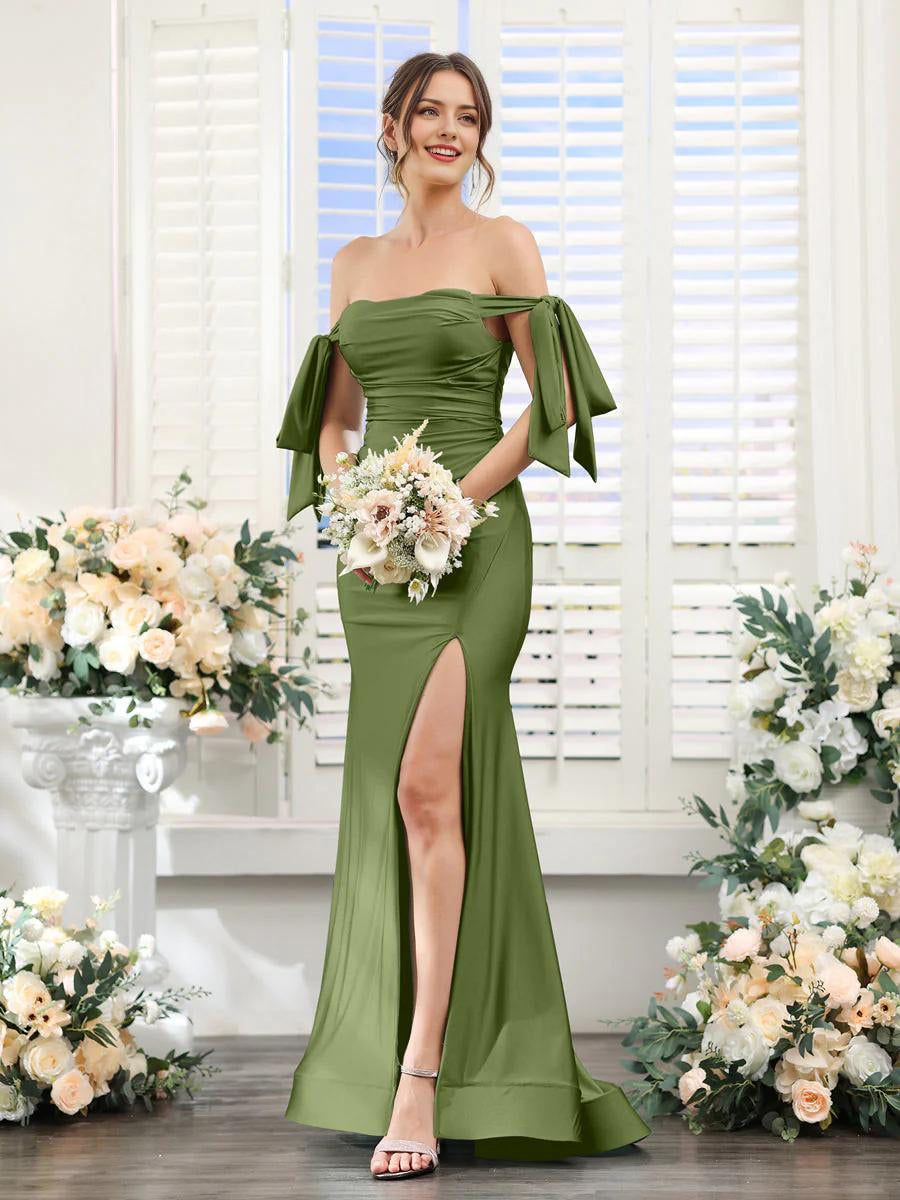 A-Line V-Neck Sleeve Bridesmaid Dress for Wedding Guest Long Chiffon Formal Party Dresses with Slit Sexy
