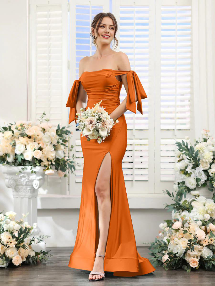 A-Line V-Neck Sleeve Bridesmaid Dress for Wedding Guest Long Chiffon Formal Party Dresses with Slit Sexy