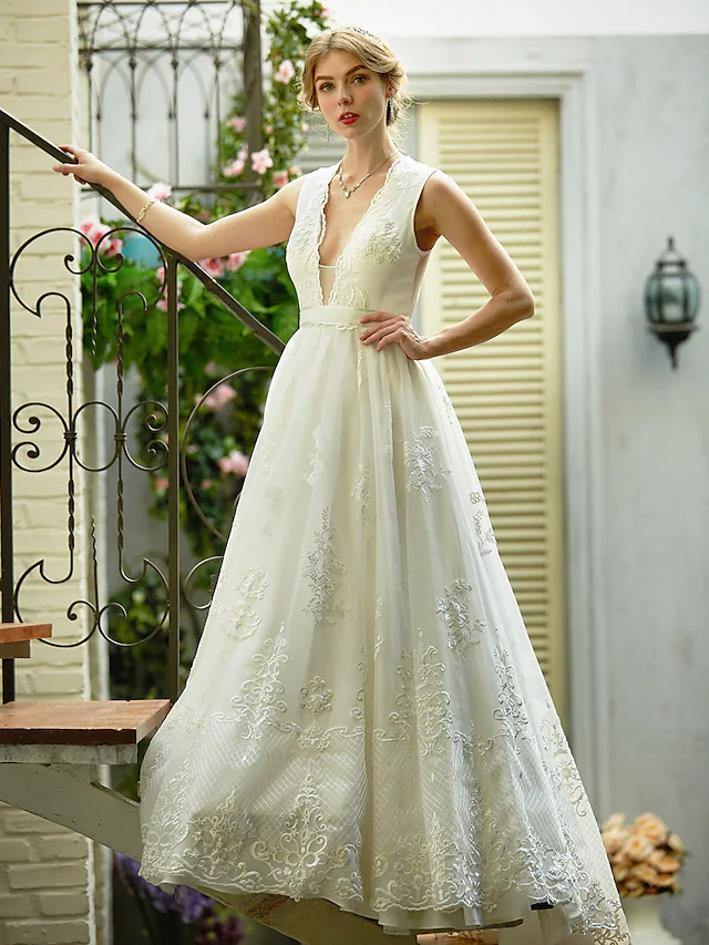 A-Line Wedding Dresses Plunging Neck Lace Over Tulle Sleeveless See-Through Beautiful Back Illusion Detail with Sash Ribbon
