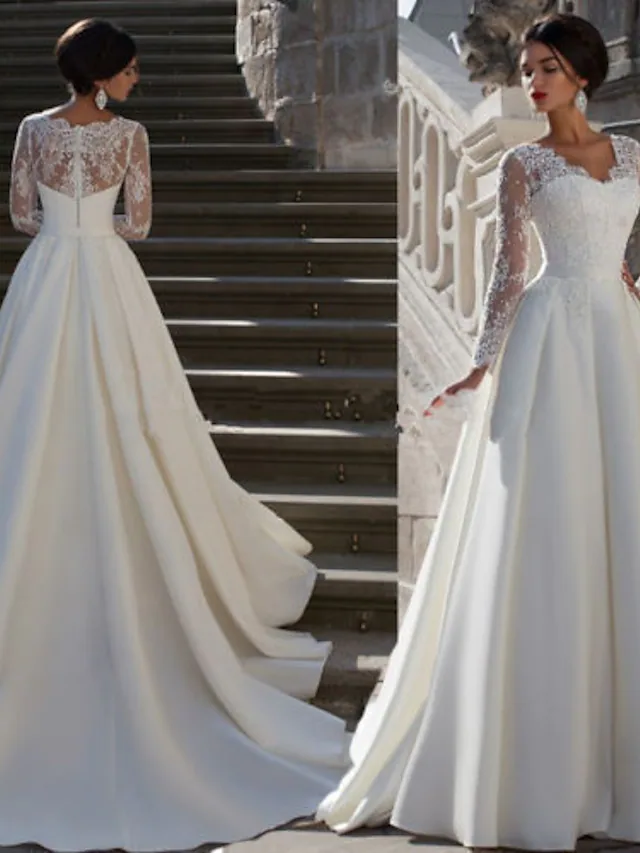 A-Line Wedding Dresses Strapless Court Train Lace Satin Long Sleeve Formal with Appliques Beautiful