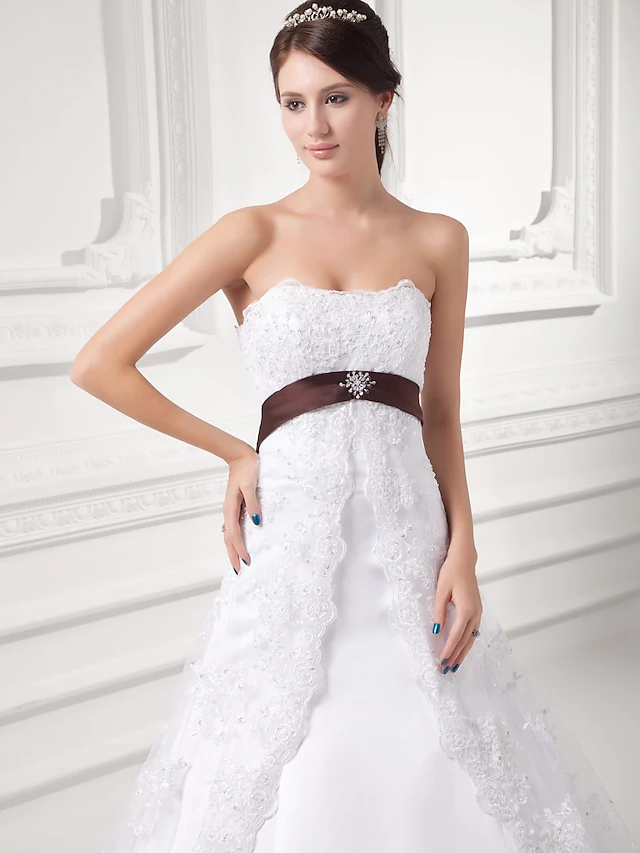 A-Line Wedding Dresses Strapless Chapel Train Lace Satin Tulle Strapless with Sashes Ribbons Bow(s)