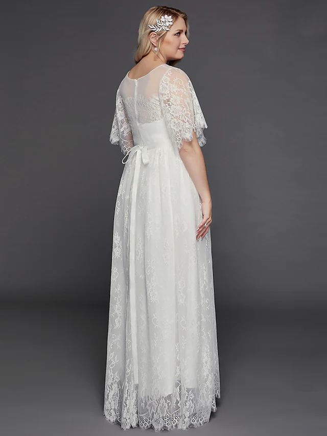 A-Line Wedding Dresses Illusion Neck Jewel Neck Floor Length Lace Tulle Half Sleeve Formal Boho Little White Dress See-Through with Beading Lace