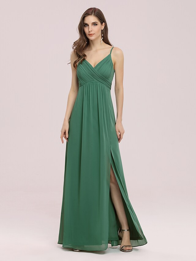 A-Line V Neck Floor Length Chiffon Bridesmaid Dress with Ruching Pure Color