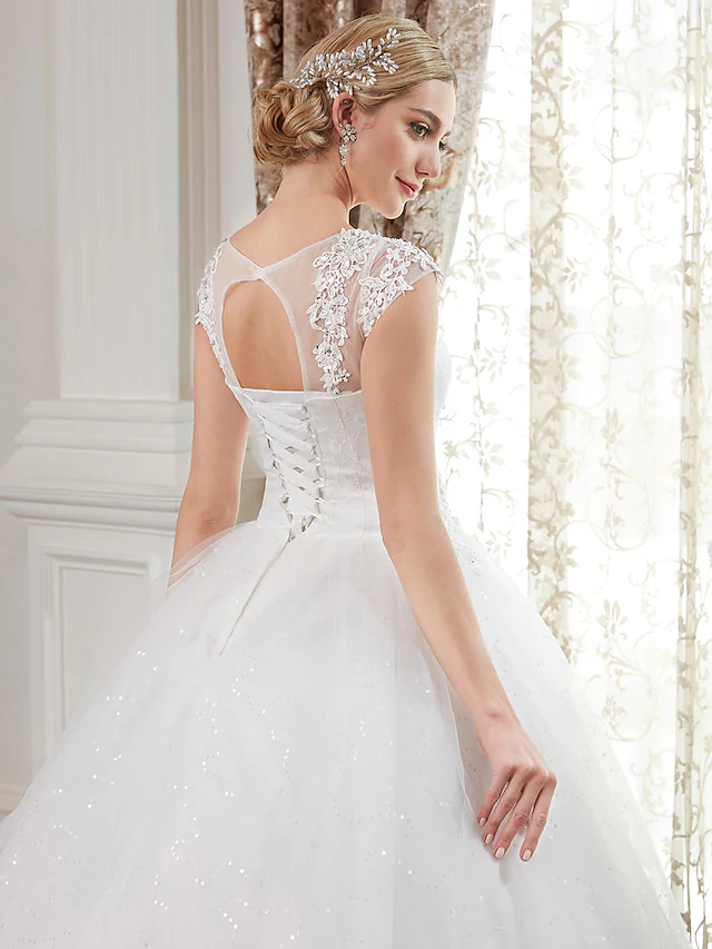 Ball Gown Wedding Dresses Jewel Neck Floor Length Lace Over Tulle Cap Sleeve Romantic Illusion Detail with Beading