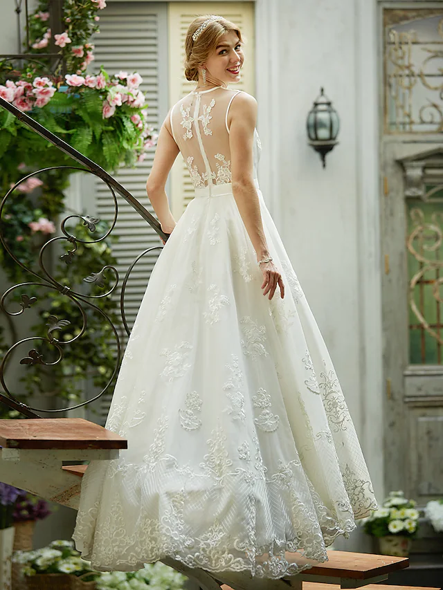 A-Line Wedding Dresses Plunging Neck Lace Over Tulle Sleeveless See-Through Beautiful Back Illusion Detail with Sash Ribbon