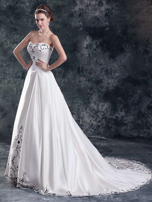 A-Line Wedding Dresses Strapless Court Train Organza Satin Strapless with Embroidery With Flower