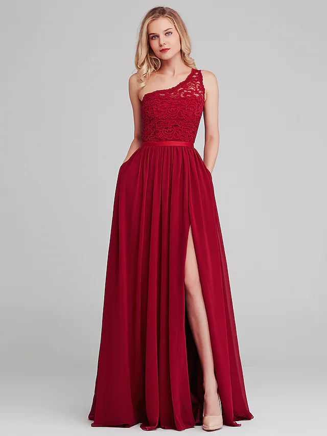 A-Line One Shoulder Long Length Chiffon Lace Bridesmaid Dress with Sash Ribbon Sexy