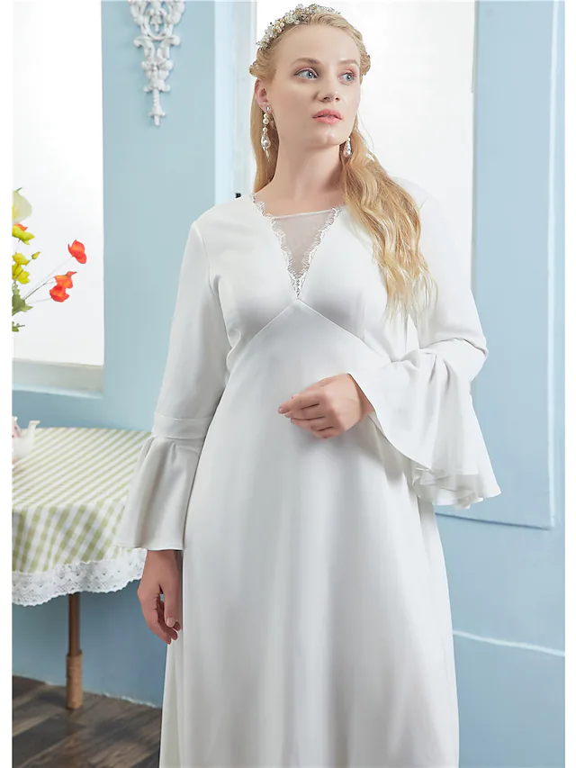 A-Line Wedding Dresses V Neck Chapel Train Lace Italy Satin Long Sleeve Vintage Plus Size with Pleats Lace