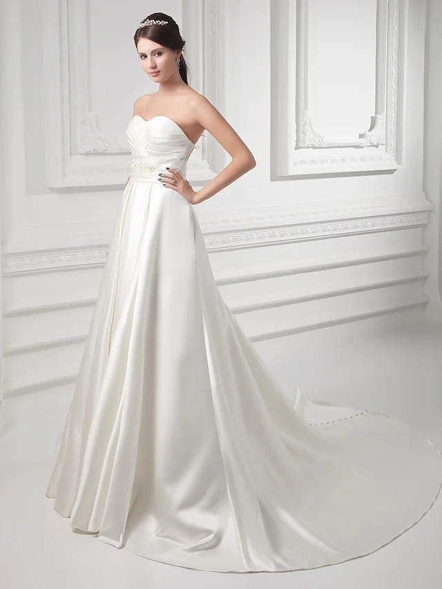 A-Line Wedding Dresses Sweetheart Neckline Court Train Satin Strapless with Buttons Ruched