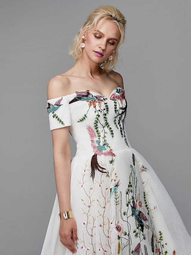 Ball Gown Elegant Floral High Low Cocktail Party Prom Valentine's Day Dress Off Shoulder Short Sleeve Asymmetrical Polyester