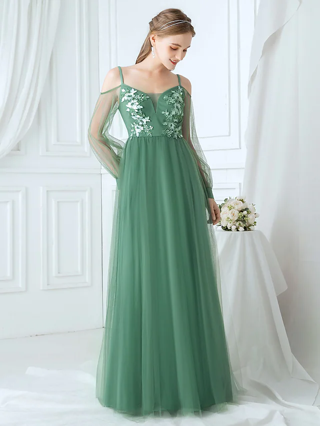 A-Line Spaghetti Strap Tulle Bridesmaid Dress with Appliques Beautiful Flower