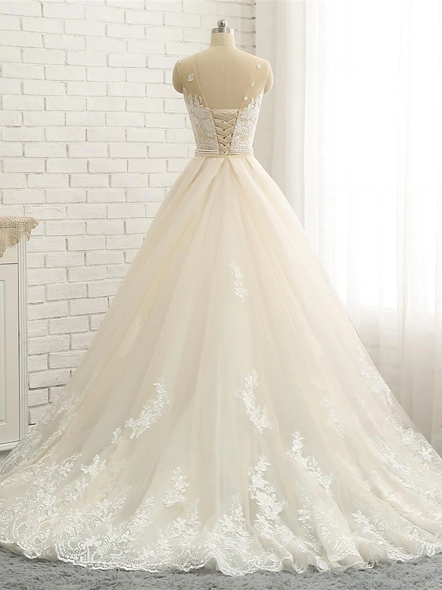 Wedding Dresses Jewel Neck Chapel Train Lace Tulle Lace Over Satin Regular Straps Formal See-Through with Sashes Ribbons Pearls