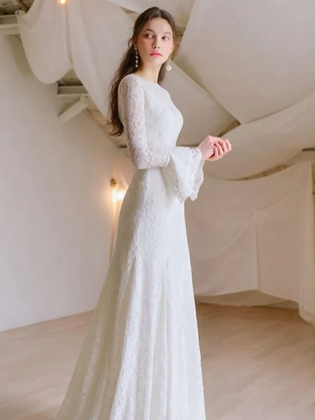 A-Line Wedding Dresses Jewel Neck Lace Long Sleeve Romantic with Appliques Beautiful