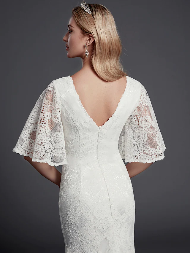 Long Wedding Dresses V Neck Lace Half Sleeve Beautiful Back with Lace