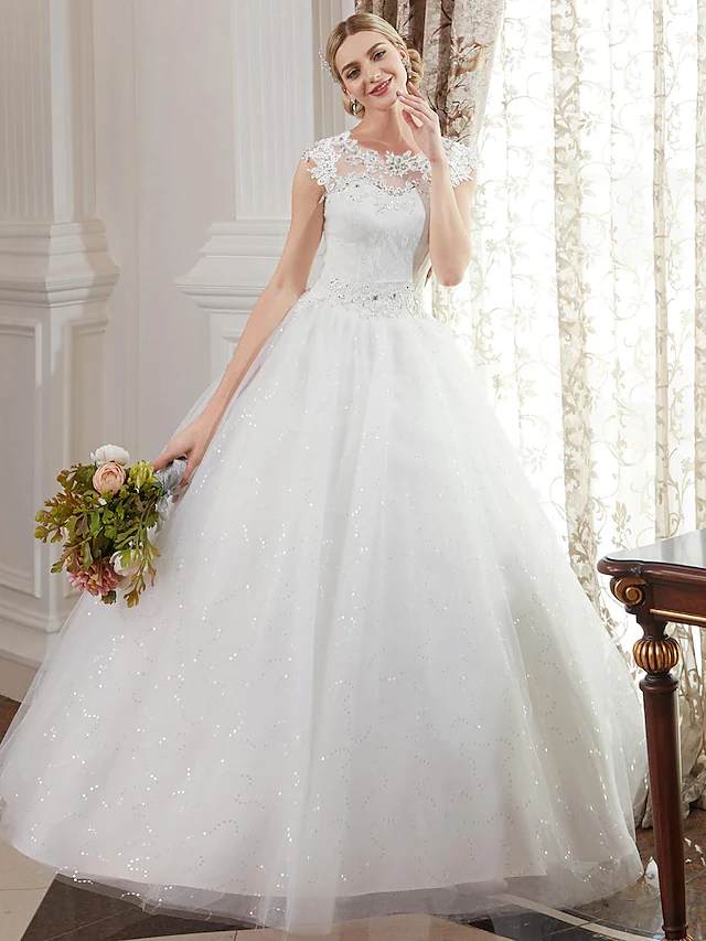 Ball Gown Wedding Dresses Jewel Neck Floor Length Lace Over Tulle Cap Sleeve Romantic Illusion Detail with Beading