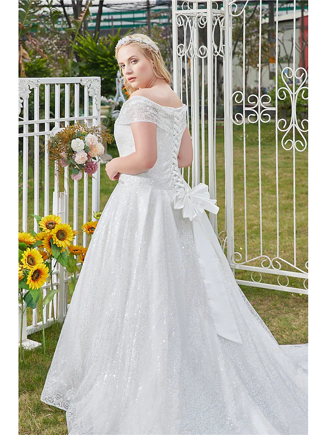 Princess Ball Gown Wedding Dresses Off Shoulder Cathedral Train Lace Tulle Sleeveless Formal Romantic Luxurious Sparkle & Shine Plus Size with Beading