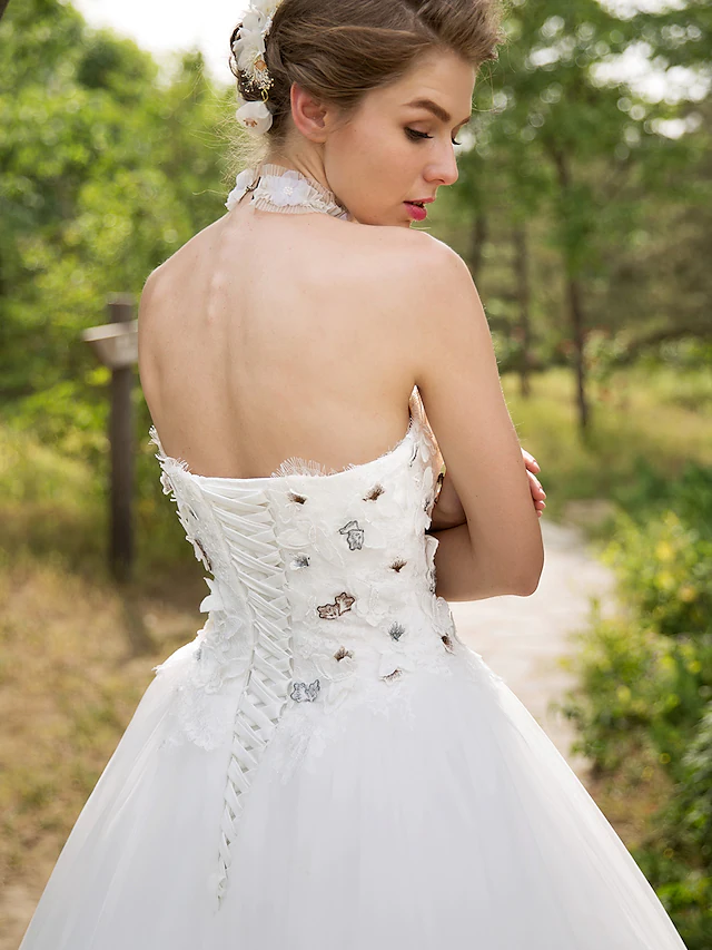 Ball Gown Wedding Dresses Sweetheart Neckline Floor Length Lace Tulle Sleeveless with Lace Appliques