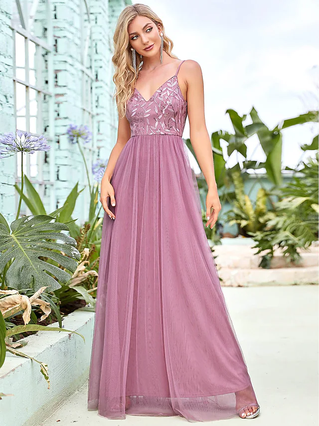 A-Line Spaghetti Strap Floor Length Tulle Sequined Bridesmaid Dress with Tier Sexy