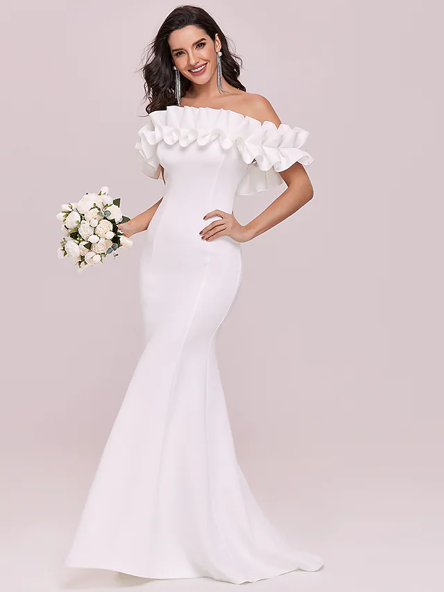 Wedding Dresses Spaghetti Strap Off Shoulder Stretch Fabric Cap Sleeve Romantic Elegant