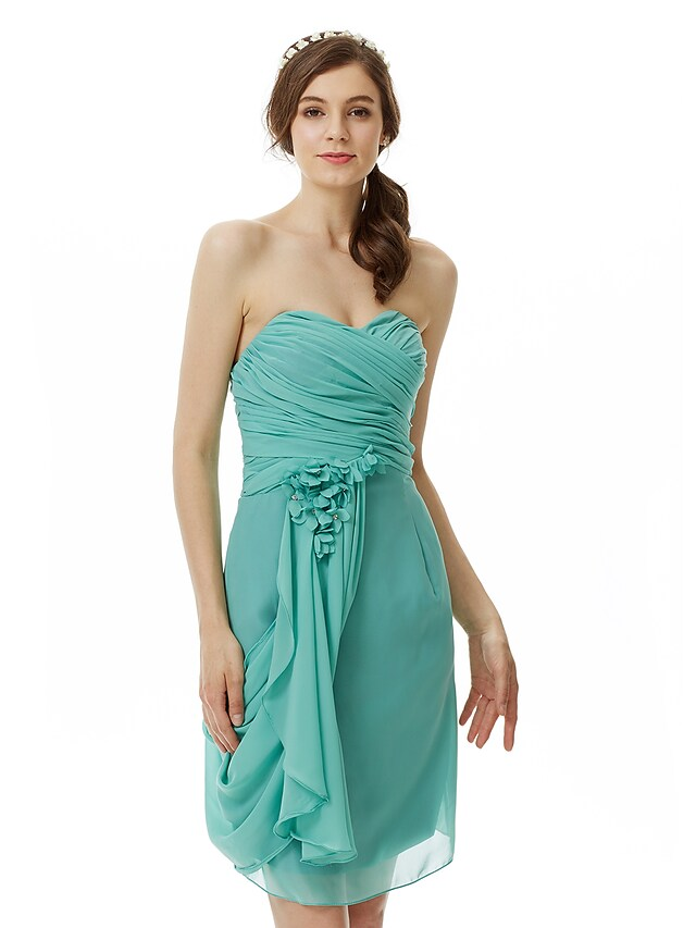 Sweetheart Neckline Strapless Knee Length Chiffon Bridesmaid Dress with Criss Cross Side Draping Flower Pure Color