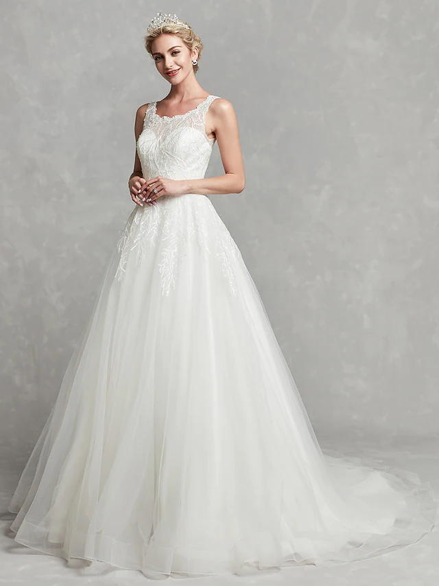 A-Line Wedding Dresses Scoop Neck Chapel Train Lace Tulle Regular Straps Formal Illusion Detail with Lace Sash