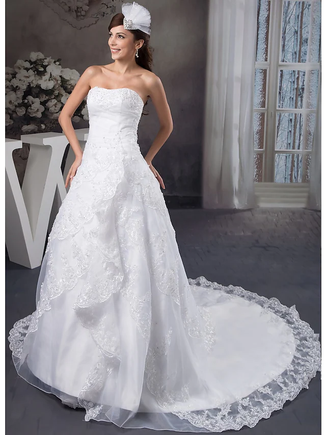 A-Line Wedding Dresses Strapless Chapel Train Lace Organza Satin Strapless with Beading Appliques Cascading