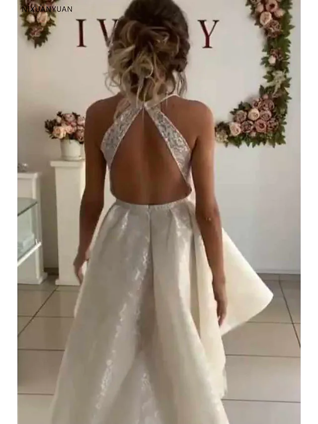 A-Line Wedding Dresses Jewel Neck Asymmetrical Knee Length Lace Organza Sleeveless Country Romantic Cute with Pleats