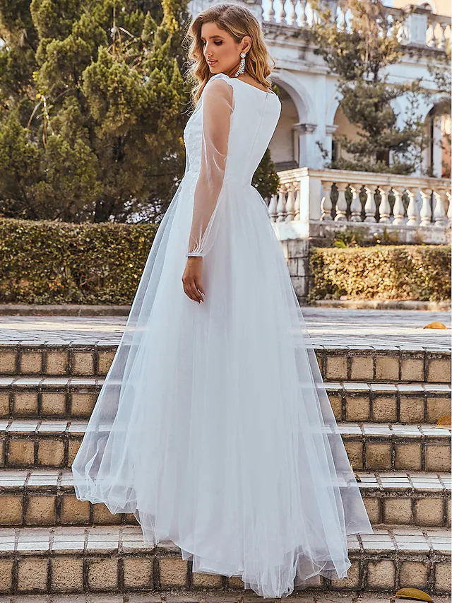 A-Line Wedding Dresses V Neck Floor Length Lace Tulle Sleeveless Romantic with Pleats Beautiful