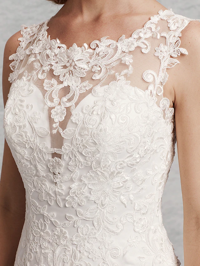 Wedding Dresses Scoop Neck Court Train Lace Satin Tulle Regular Straps Beautiful Back with Lace