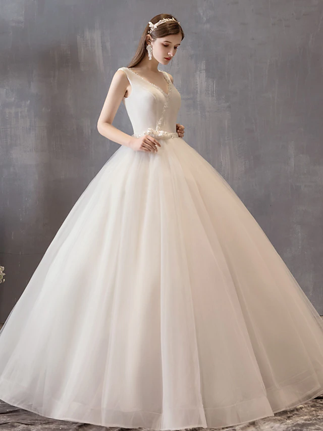 Princess Ball Gown Wedding Dresses V Neck Floor Length Satin Tulle Sleeveless Formal Luxurious with Bow(s)