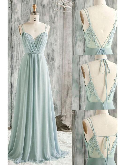 A-Line/Princess Spaghetti Straps Floor-Length Long Bridesmaid Dresses Open Back