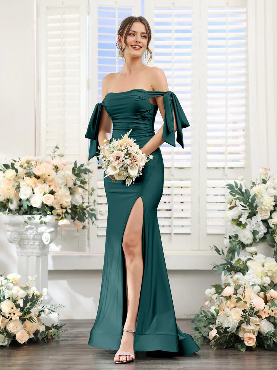 A-Line V-Neck Sleeve Bridesmaid Dress for Wedding Guest Long Chiffon Formal Party Dresses with Slit Sexy