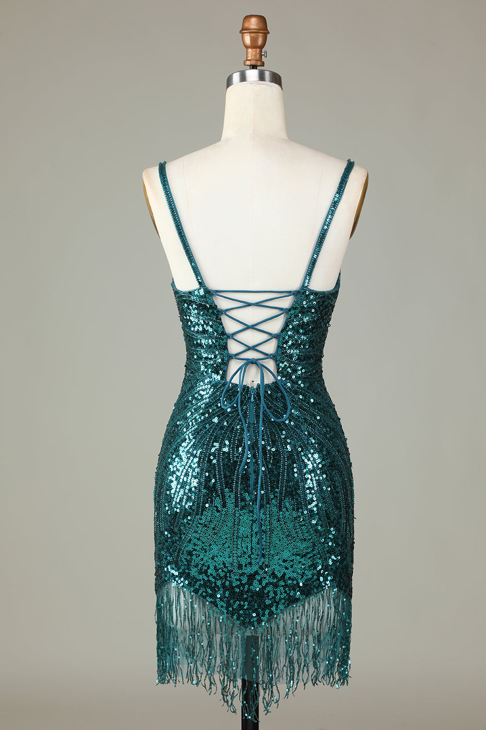Sparkly Dark Green Bodycon Spaghetti Straps Lace-Up Back Short Homecoming Dress with Beading Sexy