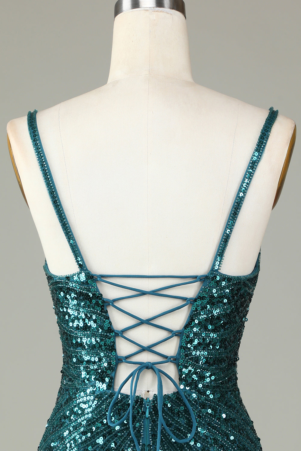 Sparkly Dark Green Bodycon Spaghetti Straps Lace-Up Back Short Homecoming Dress with Beading Sexy