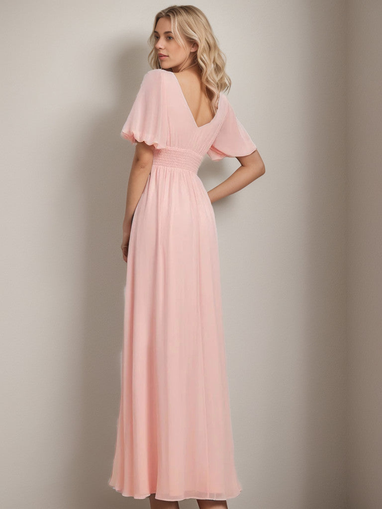 Chiffon Illusion V-Neck Flutter Sleeve Front Slit Evening Dress Sexy