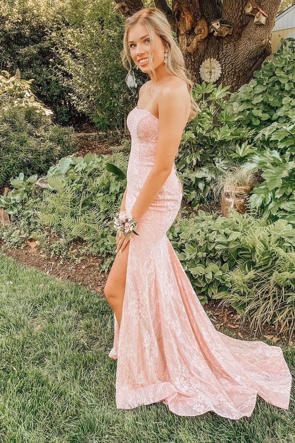 Pink Mermaid Prom Dress Strapless Slit Lace Long Evening Dress Off Shoulder