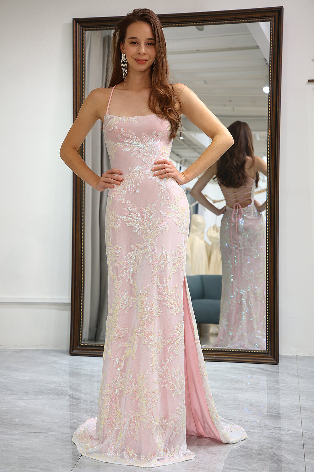 Pink Mermaid Spaghetti Straps Sparkly Long Prom Dress with Slit Evening Dresses