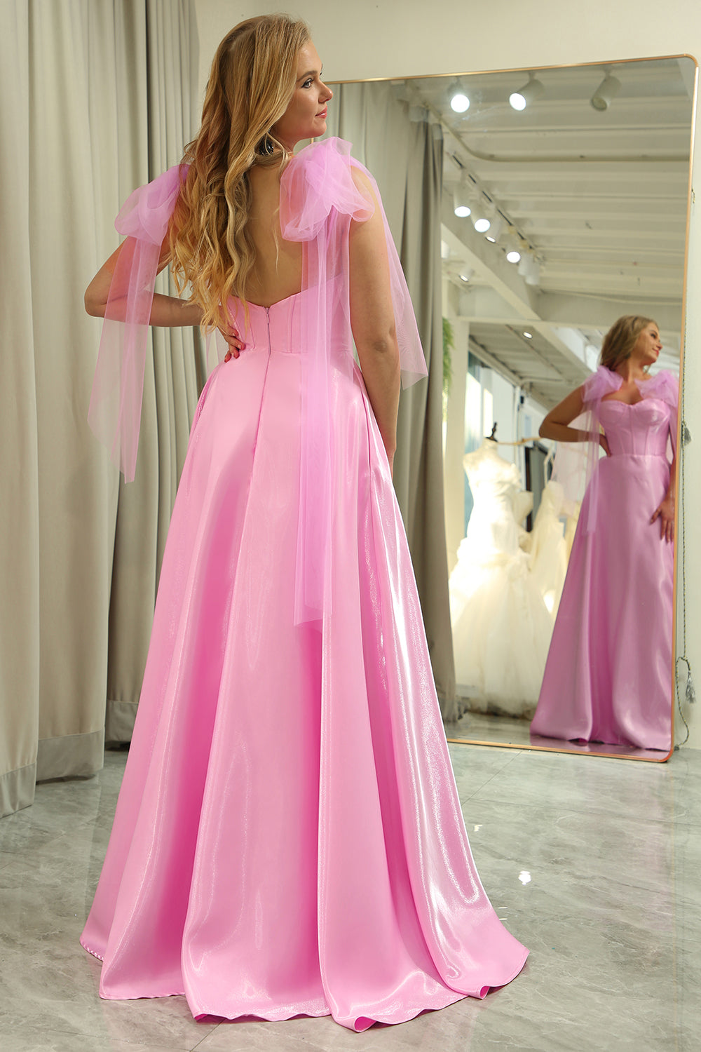 Glitter Pink A Line Spaghetti Straps Backless Long Corset Prom Dress Sexy