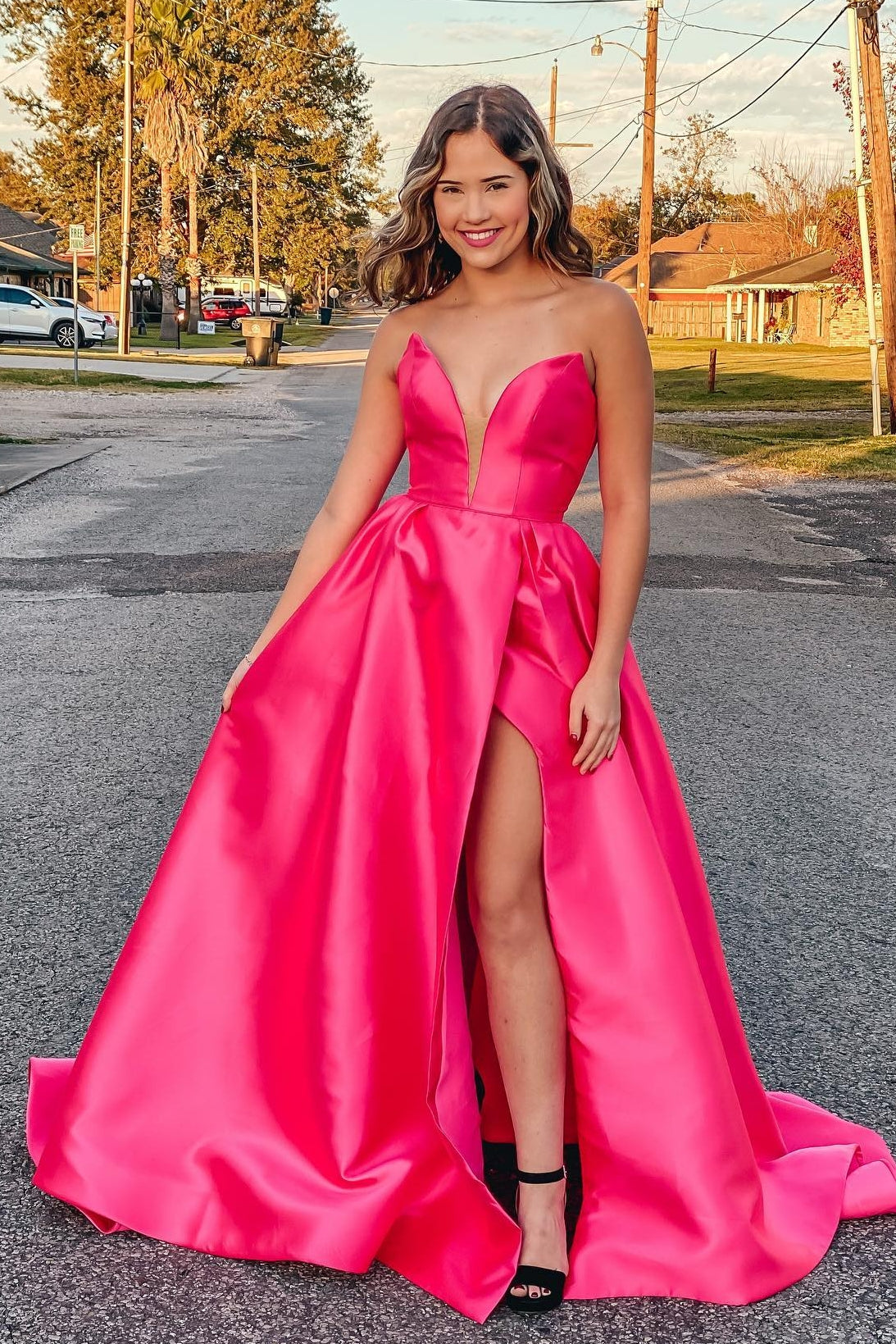 Plus Size A-Line Satin Strapless Prom Dress with Slit V-neck Sexy Evening Dresses