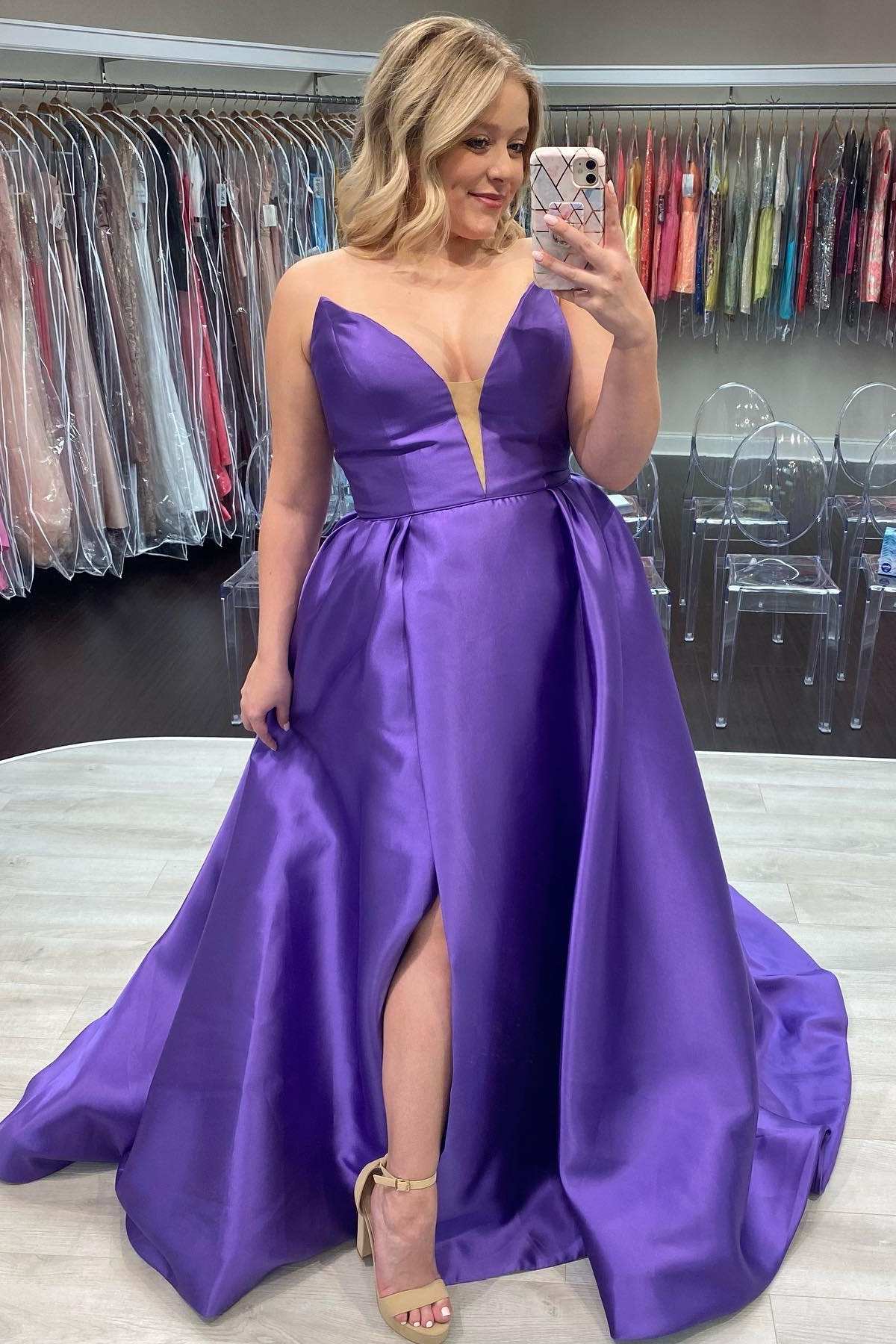 Plus Size A-Line Satin Strapless Prom Dress with Slit V-neck Sexy Evening Dresses