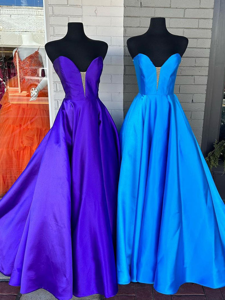 Plus Size A-Line Satin Strapless Prom Dress with Slit V-neck Sexy Evening Dresses