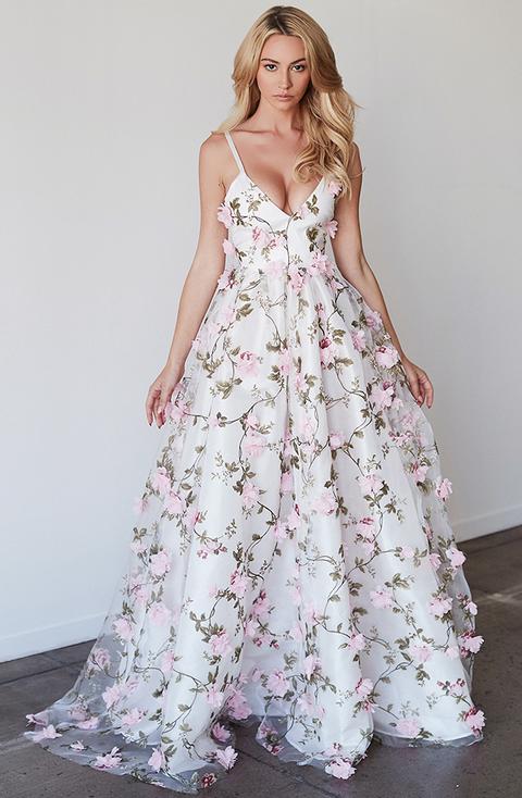 Prom Dress Sleeveless V-Neck Spaghetti Strap Satin Lace A-Line Floor Length With Flowers