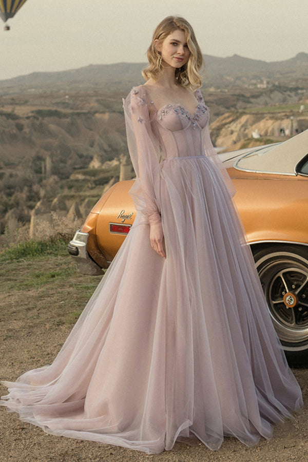 Prom Dresses Sweetheart A Line Tulle With Handmade Flowers Lace Up Beautiful Party Dresses