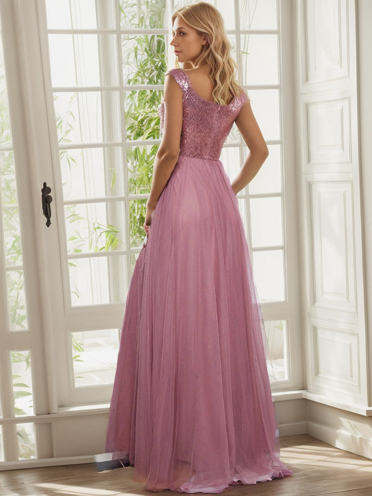 Shiny Sequin Bodice Off the Shoulder Maxi Tulle Evening Dress Sparkly
