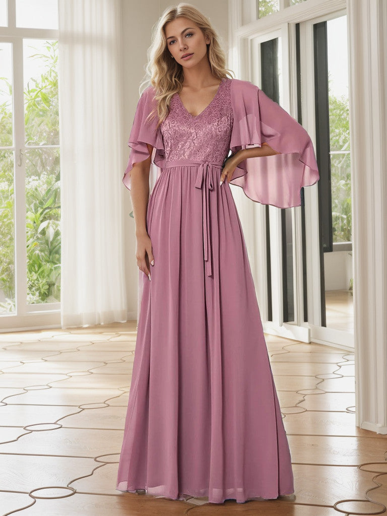 Deep V Neck Lace Bodice Long Flowy Evening Dress Sexy