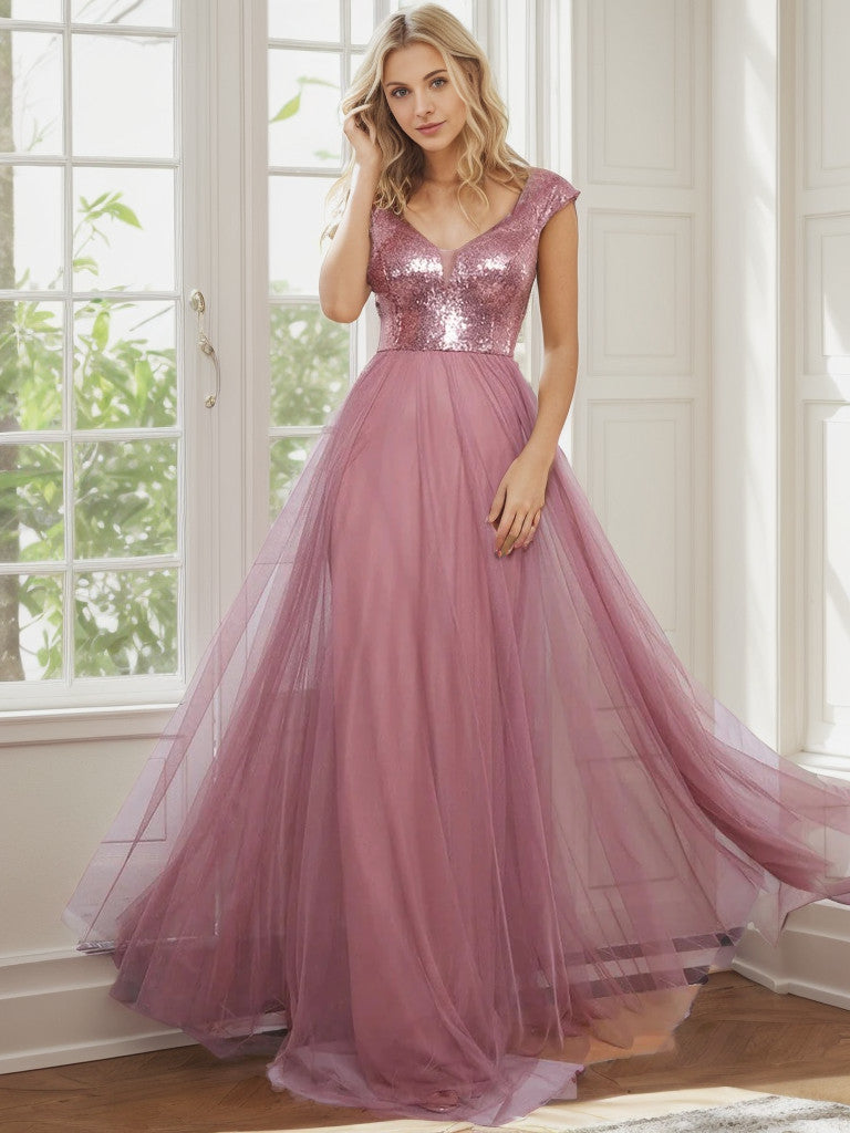Shiny Sequin Bodice Off the Shoulder Maxi Tulle Evening Dress Sparkly
