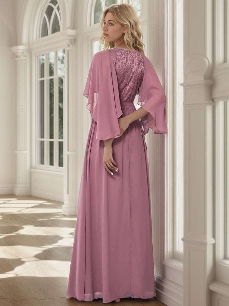 Deep V Neck Lace Bodice Long Flowy Evening Dress Sexy