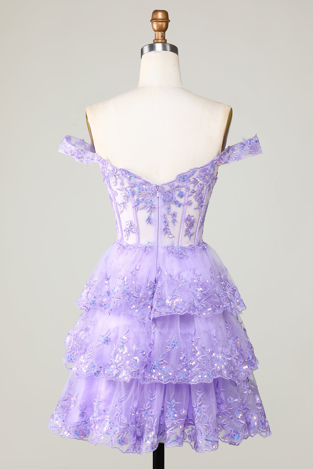 Princess A Line Corset Tiered Purple Short Homecoming Dress with Lace Off Shoulder