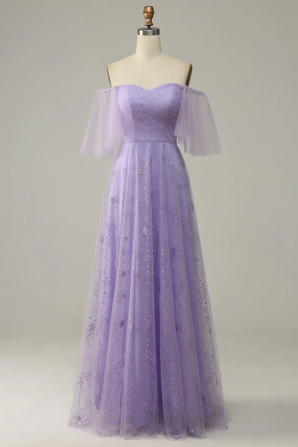Off Shoulder Prom Dress with Ruffles Purple Sparkly Beautiful