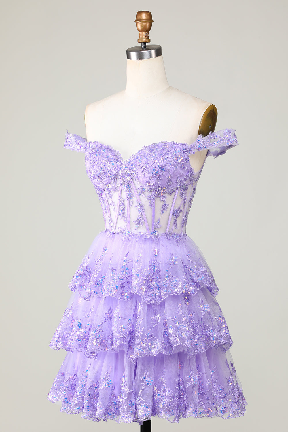Princess A Line Corset Tiered Purple Short Homecoming Dress with Lace Off Shoulder